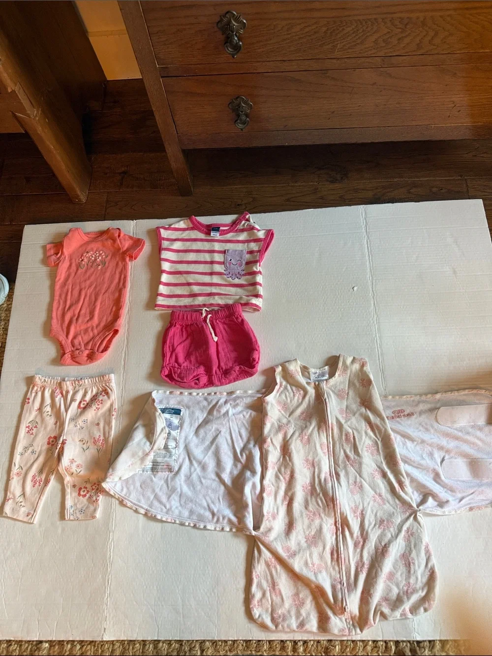 Infants Halo Sleep Sack Swaddle, Old Navy Shorts set, Carters leggings and onesi